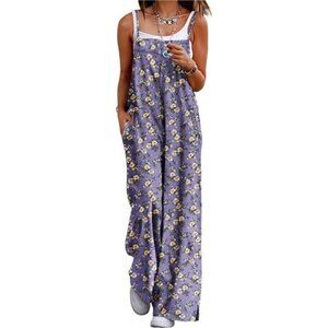 Women's Boho Jumpsuit Wide Leg Overalls Floral Print Baggy Rompers with Pockets